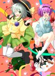  4girls animal_ears arm_cannon black_hair black_wings blush bow braid cape cat_ears eyeball flower green_eyes green_hair hair_bow hairband hat heart highres kaenbyou_rin komeiji_koishi komeiji_satori long_hair multiple_girls open_mouth purple_hair red_eyes redhead reiuji_utsuho ribbon rose short_hair siblings sisters skirt slippers smile subterranean_animism takupopn_player thigh-highs third_eye touhou twin_braids violet_eyes weapon wings 