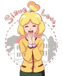  1girl blonde_hair blush_stickers closed_eyes doubutsu_no_mori heart looking_at_viewer mappy_(manhole_opener) open_mouth personification smile solo topknot 
