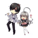  1boy 1girl black_eyes black_hair blush_stickers censored chibi closed_eyes haiyore!_nyaruko-san kouji_(campus_life) long_hair lowres nyarlathotep_(nyaruko-san) silver_hair thighhighs yasaka_mahiro 