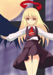  1girl ascot blonde_hair cross ex-rumia full_moon grey_background highres long_hair long_sleeves looking_at_viewer moon outstretched_arms red_eyes reneun ribbon rumia skirt skirt_set smile solo spread_arms touhou wings 