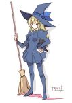  1girl blonde_hair broom female hand_on_hip hat long_hair seo_tatsuya simple_background skirt solo white_background witch_hat yellow_eyes 