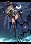  1girl bike_shorts blue_eyes boots butterfly clouds crescent_moon female gloves hat long_hair moon navel night original silver_hair sky smile solo staff thigh-highs thigh_boots witch_hat zaza_(x-can01) 