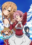  4girls apron asuna_(sao) black_hair breastplate brown_hair dragon female lisbeth long_hair multiple_girls noa_(nagareboshi) pina_(sao) pink_hair sachi_(sao) short_hair silica sword_art_online twintails yuuki_asuna 