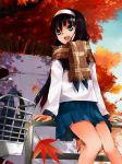  1girl autumn autumn_leaves bicycle black_hair blue_eyes carnival_phantasm cute hairband long_hair masin0201 open_mouth plaid pleated_skirt railing scarf school_uniform serafuku sitting skirt solo tohno_akiha tsukihime 