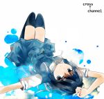  1girl black_hair blue_eyes copyright_name cross_channel expressionless hasekura_youko itoh_(artist) long_hair on_back school_uniform skirt solo thigh-highs 