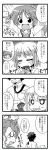  1boy 3girls 4koma :t blush character_request closed_eyes collarbone comic crying doughnut eating futaba_anzu hair_ornament highres idolmaster idolmaster_cinderella_girls long_hair long_sleeves mimura_kanako monochrome multiple_girls necktie open_mouth outstretched_arms producer_(idolmaster) side_ponytail tears translation_request uraichishi 