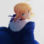  1girl ahoge blonde_hair cape fate/stay_night fate_(series) from_behind green_eyes hair_ribbon looking_back ribbon saber smile solo tusia 