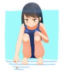 1girl barefoot black_hair crab legs long_hair poking school_swimsuit solo squatting sweat swimsuit wavy_mouth yellow_eyes 
