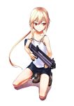  1girl blonde_hair blue_legwear camisole cross-laced_footwear fingernails flat_chest gou_(double_trigger) gun highres long_hair red_eyes shorts simple_background smile socks solo squatting strap_slip trigger_discipline weapon white_background 