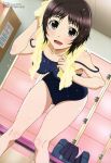  1girl absurdres black_eyes blush brown_hair character_request highres leaning_forward legs maeda_kanon megami official_art open_mouth photokano school_swimsuit short_hair solo swimsuit towel wet 