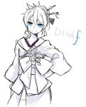 blue_eyes hair_ornament japanese_clothes kagamine_rin looking_at_viewer monochrome project_diva project_diva_f simple_background smile solo tamura_hiro vocaloid white_background 