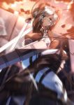  1girl arms_up belt blade boots buckle building cable clenched_teeth clouds dual_wielding glasses grey_eyes highres jacket knee_boots motion_blur pants rico_brzenska semi-rimless_glasses shingeki_no_kyojin short_hair silver_hair sky solo suspenders sword swordsouls thigh_strap three-dimensional_maneuver_gear wall weapon 