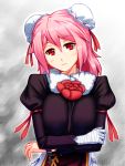  1girl alternate_costume bandages blush breasts bun_cover chain crossed_arms cuffs double_bun flower fumizuki_homura head_tilt ibaraki_kasen pink_hair red_eyes rose short_hair solo touhou 