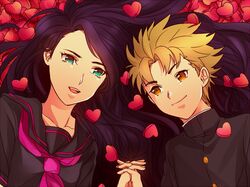  1boy 1girl aqua_eyes black_hair blonde_hair brown_eyes couple gakuran heart hetero hirose_kouichi jojo_no_kimyou_na_bouken moiom school_uniform yamagishi_yukako 