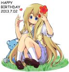  1girl blonde_hair blue_eyes happy_birthday k-on! kotobuki_tsumugi long_hair school_uniform shouma_keito stuffed_animal stuffed_toy teddy_bear 