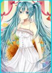  1girl aqua_eyes aqua_hair dress flower hatsune_miku long_hair ryodi solo sunflower twintails very_long_hair vocaloid 