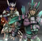  2girls armor blue_eyes blue_hair fingerless_gloves gloves headdress houhokekyo jojo_no_kimyou_na_bouken monster_hunter multiple_girls parody posing tagme 