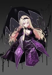  1girl alternate_costume blonde_hair breasts dress gap gradient gradient_background hair_ribbon highres jewelry koumajou_densetsu long_hair necklace ribbon rongyuedd smile solo tabard touhou umbrella violet_eyes yakumo_yukari 