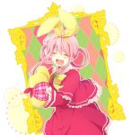  1girl blush bow capelet dress hair_ribbon hairband hat holding holding_hat long_hair open_mouth pink_dress pink_hair ribbon sherlock_shellingford smile solo standing takana tantei_opera_milky_holmes twintails 