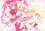  2girls blonde_hair blue_eyes boots bow breasts brooch choker cure_melody cure_rhythm dory dress fairy_tone fary frills green_eyes heart houjou_hibiki jewelry long_hair magical_girl midriff minamino_kanade miry multiple_girls open_mouth panties pink_hair pink_legwear precure rery ribbon smile suite_precure sumiosmith thigh-highs twintails underwear white_panties 