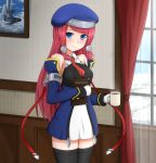  1girl black_legwear blazblue blue_dress blue_eyes blush book coffee cup detached_sleeves dress english gloves hair_tubes halter_top halterneck hat holding kouson&#039;en long_hair looking_at_viewer necktie painting redhead sleeveless smile solo thighighs tsubaki_yayoi uniform wall window 