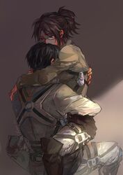  1boy 1girl black_hair brown_eyes brown_hair fantasyxing glasses hanji_zoe hetero highres hug levi_(shingeki_no_kyojin) ponytail protect protecting shingeki_no_kyojin three-dimensional_maneuver_gear 