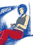  1girl absurdres blue_eyes blue_hair ghost_in_the_shell ghost_in_the_shell_arise gun highres kusanagi_motoko lsunl payot short_hair solo weapon 