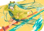  1girl aqua_eyes aqua_hair frog_raincoat haruka_(reborn) hatsune_miku long_hair open_mouth rain raincoat rubber_boots skirt solo twintails umbrella very_long_hair vocaloid water 