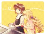  apple apron blonde_hair blue_eyes blush bowl brown_hair cooking food fruit hair_ornament hairclip knife long_hair long_sleeves mahou_shoujo_lyrical_nanoha_innocent material-s na770 ponytail scrunchie shirt short_hair singing standing u-d white_shirt 