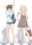  2girls akinbo_(hyouka_fuyou) arms_up bag black_hair blonde_hair blush bracelet breasts brown_eyes casual curly_hair dress hand_on_hip highres jewelry long_hair multiple_girls open_mouth original purse sandals shorts smile stretch 