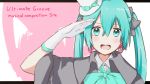  1girl aqua_eyes aqua_hair chihara earrings gloves hair_ribbon hat hatsune_miku jewelry mini_top_hat open_mouth ribbon salute solo top_hat twintails vocaloid 