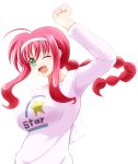  1girl ahoge amitie_florian azumaya_hironaru blush braid breasts casual english green_eyes hairband large_breasts long_hair long_sleeves lyrical_nanoha mahou_shoujo_lyrical_nanoha mahou_shoujo_lyrical_nanoha_a&#039;s mahou_shoujo_lyrical_nanoha_a&#039;s_portable:_the_gears_of_destiny open_mouth redhead single_braid solo star teeth white_background wink 