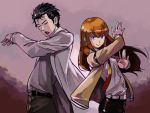  1boy 1girl aida_yuu black_hair blue_eyes brown_hair closed_eyes facial_hair jacket labcoat long_hair looking_at_viewer makise_kurisu necktie okabe_rintarou pose shiina_mayuri short_hair smile steins;gate stubble 