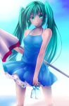  1girl colored dress green_eyes green_hair hatsune_miku koohii0530 long_hair looking_at_viewer smile solo twintails very_long_hair vocaloid 
