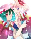  2girls beret blonde_hair blue_eyes blush bow gen_(enji) green_hair hair_ribbon hat highres macross macross_frontier multiple_girls ranka_lee red_eyes ribbon sheryl_nome smile wink 