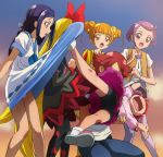 5girls aida_kentarou aida_mana bike_shorts black_bike_shorts blonde_hair bow brown_eyes brown_hair dokidoki!_precure double_bun dress dress_lift hair_bow haruyama hishikawa_rikka kenzaki_makoto long_hair multiple_girls open_mouth panties pantyhose precure print_pantyhose purple_hair redhead regina_(dokidoki!_precure) short_hair underwear very_long_hair violet_eyes yotsuba_alice