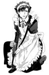  1boy alternate_costume apron emiya_kiritsugu enmaided fate/zero fate_(series) greyscale gun k29 maid maid_headdress monochrome solo weapon 