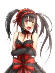  1girl bare_shoulders black_hair blush bow breasts choker cleavage collarbone crossed_arms date_a_live frills hairband heterochromia highres lolita_fashion lolita_hairband long_hair mikitsui open_mouth red_eyes solo tokisaki_kurumi twintails white_background yellow_eyes 