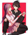  1boy 1girl araragi_koyomi bakemonogatari black_eyes black_hair couple hair_over_one_eye highres jewelry long_hair monogatari_(series) purple_hair ring school_uniform senjougahara_hitagi thigh-highs yin2929 