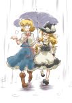  2girls alice_margatroid blonde_hair blush hat kirisame_marisa long_hair multiple_girls non_(z-art) rain shared_umbrella short_hair sign smile touhou umbrella witch_hat 