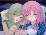  2girls checkered_shirt green_hair hands_together hata_no_kokoro komeiji_koishi long_hair multiple_girls onsen_tamago_(nurumayu_onsen) pink_hair short_hair sleeping touhou 
