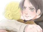  1boy 1girl annie_leonhardt black_hair blonde_hair eren_jaeger green_eyes hug long_sleeves shingeki_no_kyojin 