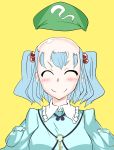  1girl absurdres bald blue_hair blush closed_eyes glint hair_bobbles hair_ornament hat hat_removed headwear_removed highres inuwi_(yokose_y) kawashiro_nitori key short_hair simple_background smile solo touhou twintails yellow_background 