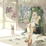  1girl character_name green_eyes green_hair hatsune_miku highres long_hair paint paintbrush sandals sitting skirt solo twintails very_long_hair vocaloid xiaohan6th 