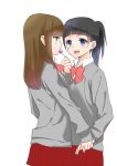  2girls black_hair blue_eyes bow brown_hair candy cardigan eye_contact green_eyes hands_clasped interlocked_fingers lollipop long_hair looking_at_another multiple_girls ooshima_tomo open_mouth original ponytail school_uniform skirt smile 