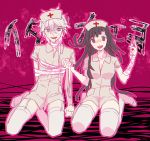  1boy 1girl bandages black_hair crazy_eyes crossdressinging dangan_ronpa drooling female grey_eyes hat io_(sinking=carousel) komaeda_nagito male nurse nurse_cap open_mouth pink_eyes sitting smile super_dangan_ronpa_2 sweat thighhighs tied_up tsumiki_mikan vial wariza white_hair white_legwear 