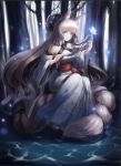  1girl animal_ears bare_shoulders blue_eyes butterfly crimson_k_night forest japanese_clothes long_hair nature original silver_hair solo traditional_clothes very_long_hair 