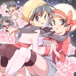  apron atom_(@tom) bike_shorts black_hair blue_eyes blush bow character_sheet crystal_(pokemon) dual_persona earrings flower hat hat_bow holding_hands jacket jewelry looking_at_viewer overalls pokemon pokemon_special sky star star_(sky) starry_sky thigh-highs twintails 