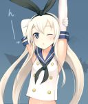  1girl arms_up blonde_hair blue_eyes blush elbow_gloves gloves hairband kantai_collection km_(artist) long_hair looking_at_viewer navel personification shimakaze_(kantai_collection) solo stretch white_gloves wink 