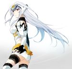  1girl android blue_hair cosplay fingerless_gloves garters gloves kos-mos kos-mos_(cosplay) long_hair looking_at_viewer looking_back lyrical_nanoha mahou_shoujo_lyrical_nanoha mahou_shoujo_lyrical_nanoha_a&#039;s red_eyes reinforce side solo standing takana thighhighs very_long_hair white_background wind xenosaga xenosaga_episode_i 
